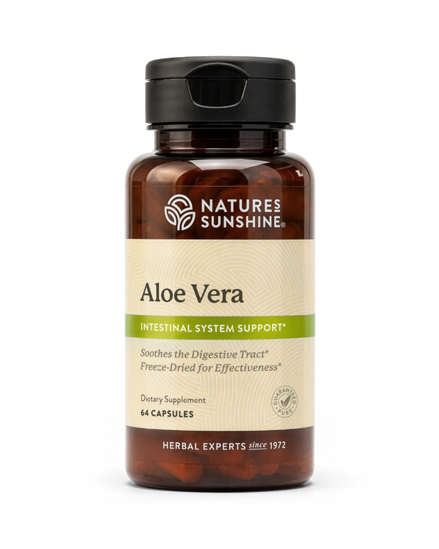 A bottle of Nature's Sunshine Aloe Vera dietary supplement with a black cap and a beige label, shown on a clean white background.