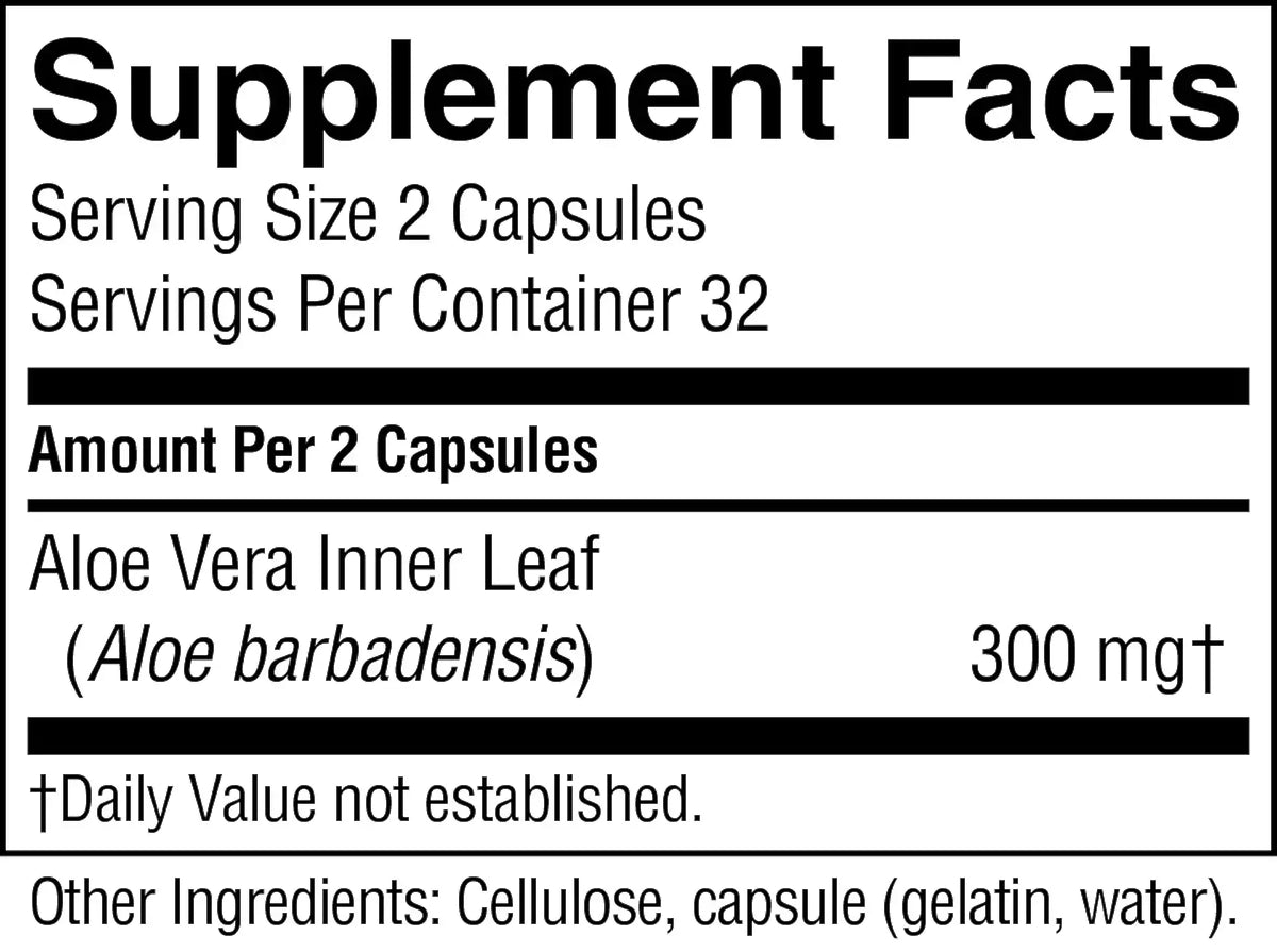 A close-up of a supplement facts label showing serving size 2 capsules, servings per container 32, and Aloe Vera Inner Leaf (Aloe barbadensis) 300 mg. The label is black text on a white background with bold headings and horizontal black bars.