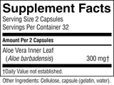 A close-up of a supplement facts label showing serving size 2 capsules, servings per container 32, and Aloe Vera Inner Leaf (Aloe barbadensis) 300 mg. The label is black text on a white background with bold headings and horizontal black bars.