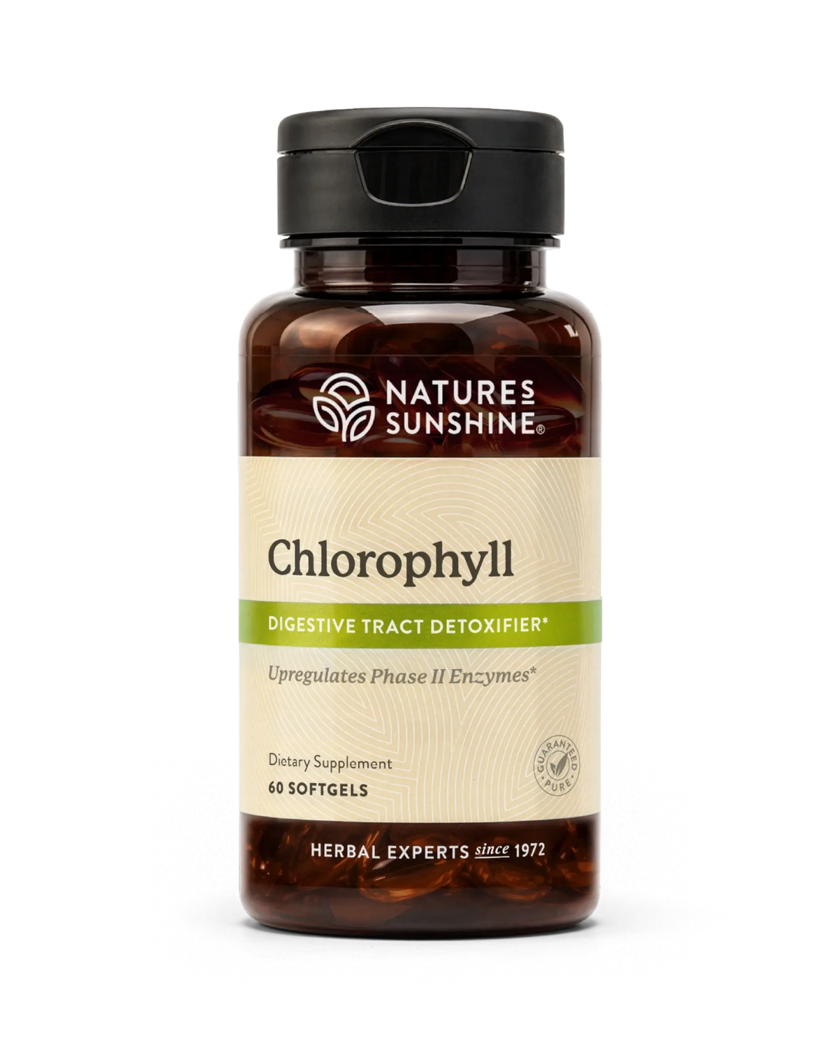 A bottle of Nature's Sunshine Chlorophyll dietary supplement containing 60 softgels, shown on a clean white background.