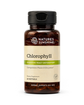 A bottle of Nature's Sunshine Chlorophyll dietary supplement containing 60 softgels, shown on a clean white background.