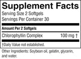 A Supplement Facts label showing the supplement Chlorophyllin Complex at 100 mg, with serving size of 2 softgels and a list of other ingredients including soybean oil, gelatin, glycerin, and water.