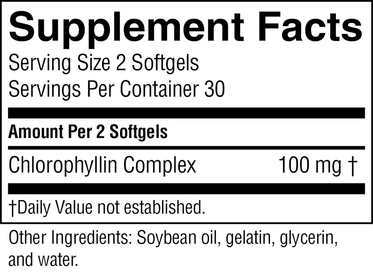 A Supplement Facts label showing Chlorophyllin Complex at 100 mg, with serving size 2 softgels and a list of other ingredients including soybean oil, gelatin, glycerin, and water.