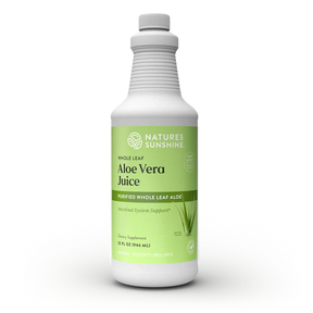 A 12 fl oz bottle of Nature's Sunshine Whole Leaf Aloe Vera Juice dietary supplement, featuring a white bottle with a light green label and a ribbed white cap, set against a plain white background.