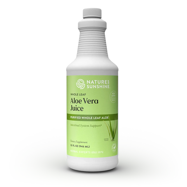 A 12 fl oz bottle of Nature's Sunshine Whole Leaf Aloe Vera Juice dietary supplement, featuring a white bottle with a light green label and a ribbed white cap, set against a plain white background.