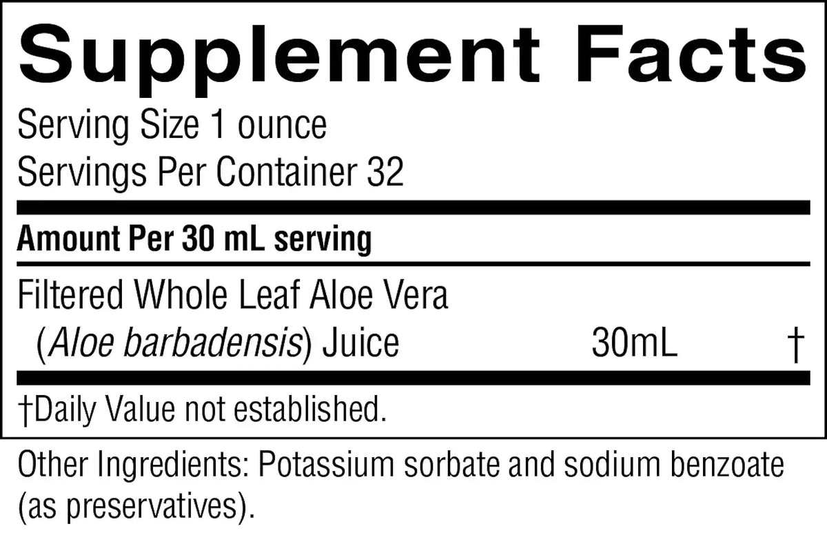 A Supplement Facts label showing filtered whole leaf aloe vera juice, 30 mL serving size, with text listing serving size, servings per container, amount per 30 mL serving, and other ingredients including potassium sorbate and sodium benzoate.
