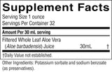 A Supplement Facts label showing filtered whole leaf aloe vera juice, 30 mL serving size, with text listing serving size, servings per container, amount per 30 mL serving, and other ingredients including potassium sorbate and sodium benzoate.