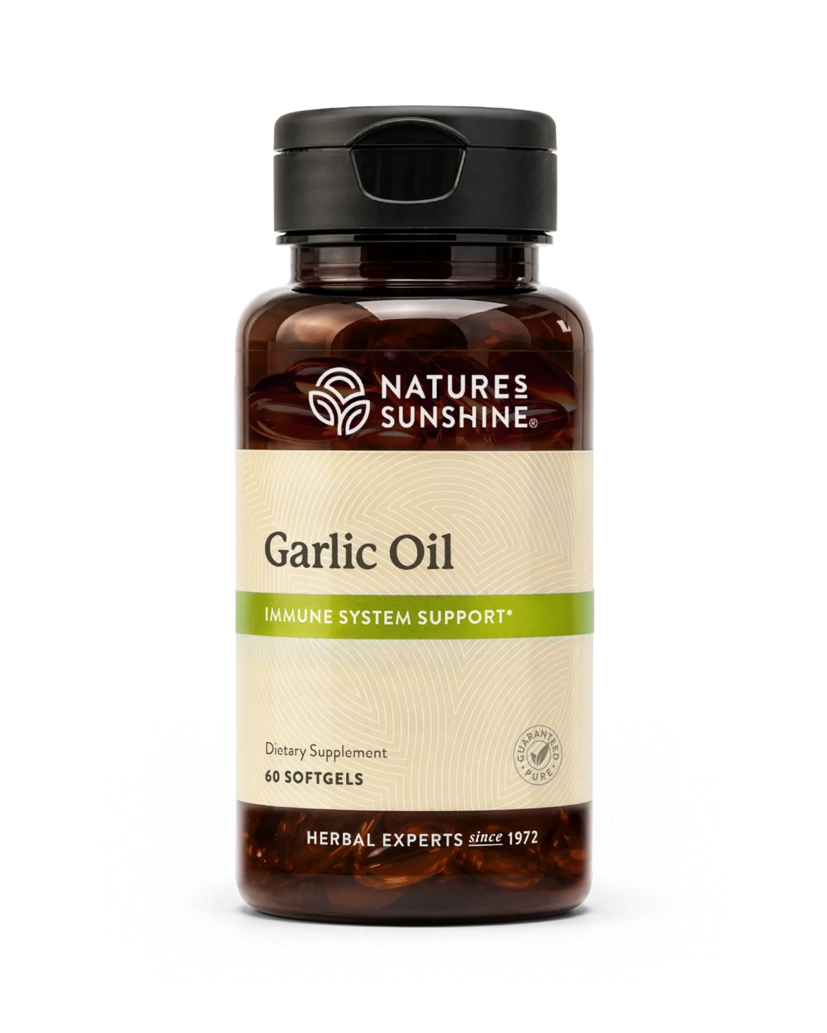 A bottle of Nature's Sunshine Garlic Oil dietary supplement containing 60 softgels, shown on a clean white background.
