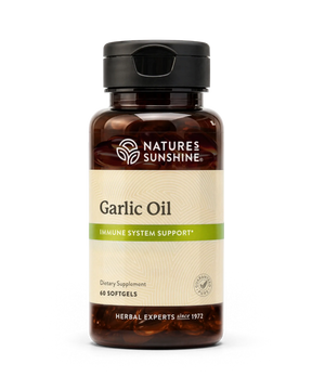 A bottle of Nature's Sunshine Garlic Oil dietary supplement containing 60 softgels, shown on a clean white background.