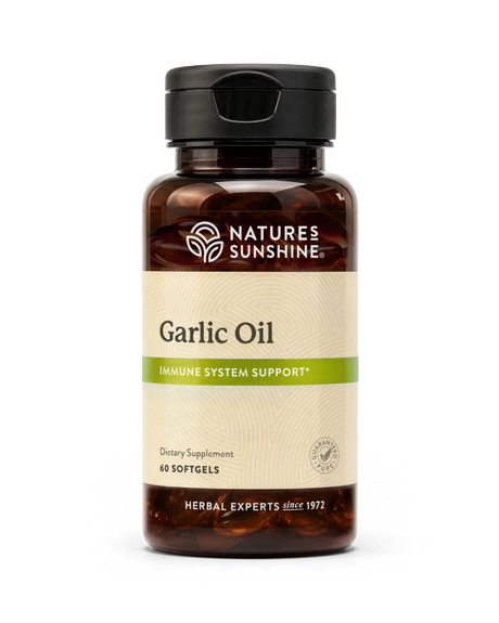 A bottle of Nature's Sunshine Garlic Oil dietary supplement containing 60 softgels, shown on a clean white background.