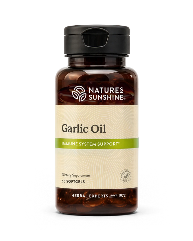A bottle of Nature's Sunshine Garlic Oil dietary supplement containing 60 softgels, shown on a clean white background.