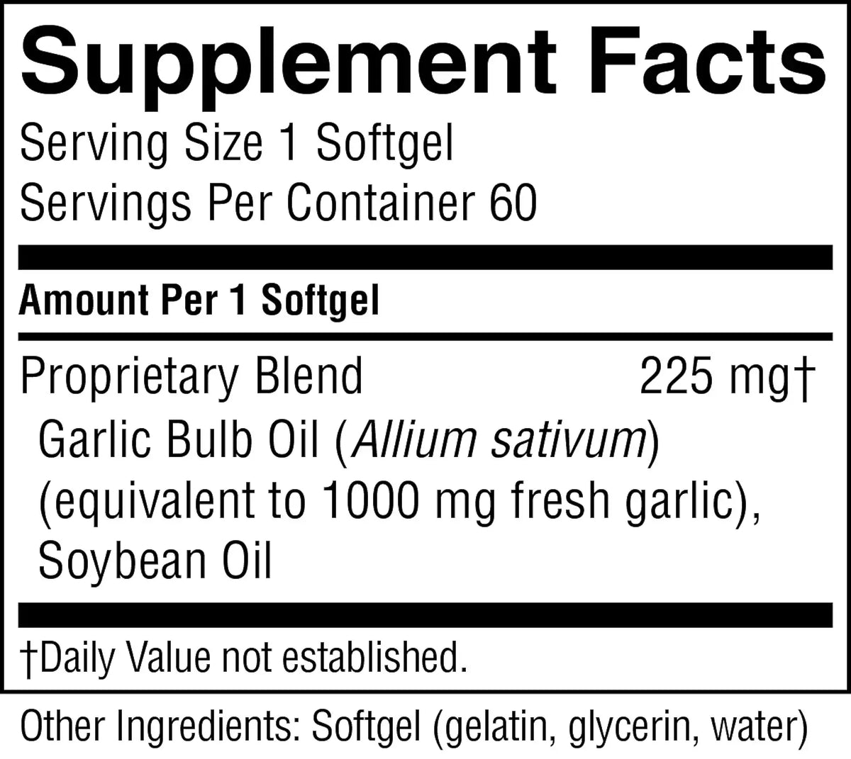 A black-and-white Supplement Facts label showing serving size 1 softgel, 60 servings per container, and ingredients including proprietary blend, garlic bulb oil, and soybean oil.