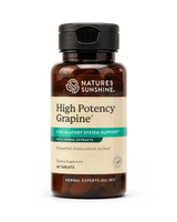 Nature's Sunshine High Potency Grapine dietary supplement bottle with amber brown plastic, a black cap, and a beige label with teal accents, shown on a white background.