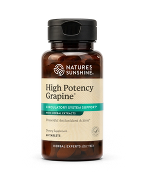 Nature's Sunshine High Potency Grapine dietary supplement bottle with amber brown plastic, a black cap, and a beige label with teal accents, shown on a white background.