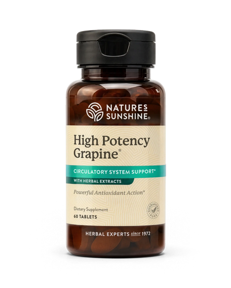 Nature's Sunshine High Potency Grapine dietary supplement bottle with amber brown plastic, a black cap, and a beige label with teal accents, shown on a white background.