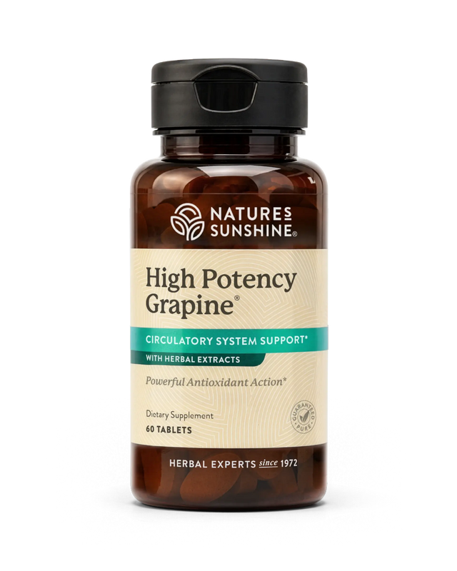 Nature's Sunshine High Potency Grapine dietary supplement bottle with amber brown plastic, a black cap, and a beige label with teal accents, shown on a white background.