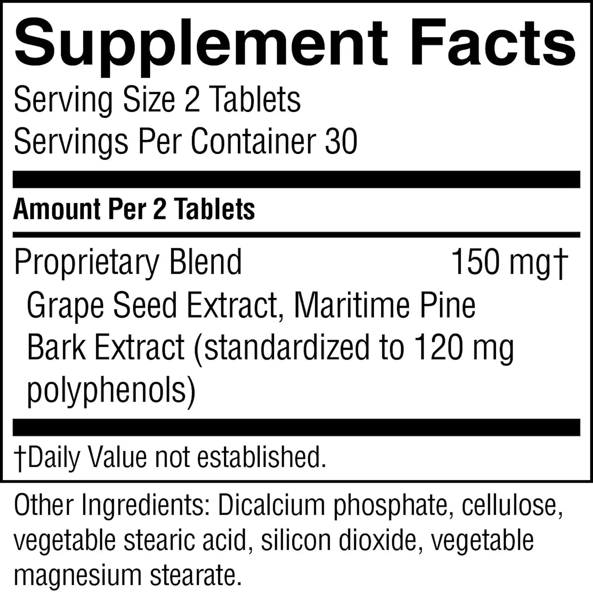 A close-up of a supplement facts label showing serving size 2 tablets, servings per container 30, and a proprietary blend of grape seed extract and maritime pine bark extract at 150 mg, with other ingredients listed below.