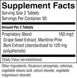 A close-up of a supplement facts label showing serving size 2 tablets, servings per container 30, and a proprietary blend of grape seed extract and maritime pine bark extract at 150 mg, with other ingredients listed below.