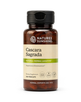 A bottle of Nature's Sunshine Cascara Sagrada dietary supplement capsules, featuring a beige and green label on an amber-brown bottle with a black cap, set against a plain white background.