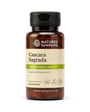 A bottle of Nature's Sunshine Cascara Sagrada dietary supplement capsules, featuring a beige and green label on an amber-brown bottle with a black cap, set against a plain white background.