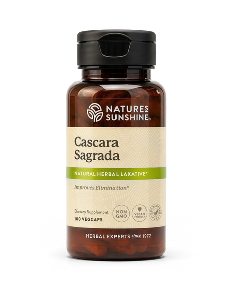 A bottle of Nature's Sunshine Cascara Sagrada dietary supplement capsules, featuring a beige and green label on an amber-brown bottle with a black cap, set against a plain white background.