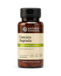 A bottle of Nature's Sunshine Cascara Sagrada dietary supplement capsules, featuring a beige and green label on an amber-brown bottle with a black cap, set against a plain white background.