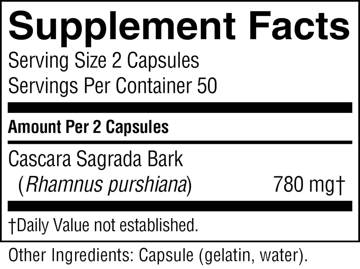 A Supplement Facts label showing serving size 2 capsules, servings per container 50, and the product name Cascara Sagrada Bark (Rhamnus purshiana) at 780 mg.