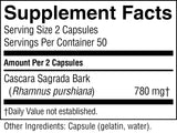 A Supplement Facts label showing serving size 2 capsules, servings per container 50, and the product name Cascara Sagrada Bark (Rhamnus purshiana) at 780 mg.