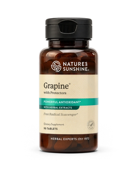 Nature's Sunshine Grapine with Protectors dietary supplement bottle, containing 10 tablets, on a white background.