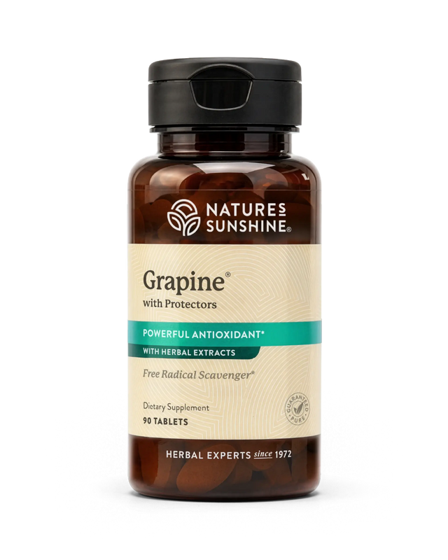 Nature's Sunshine Grapine with Protectors dietary supplement bottle, containing 10 tablets, on a white background.