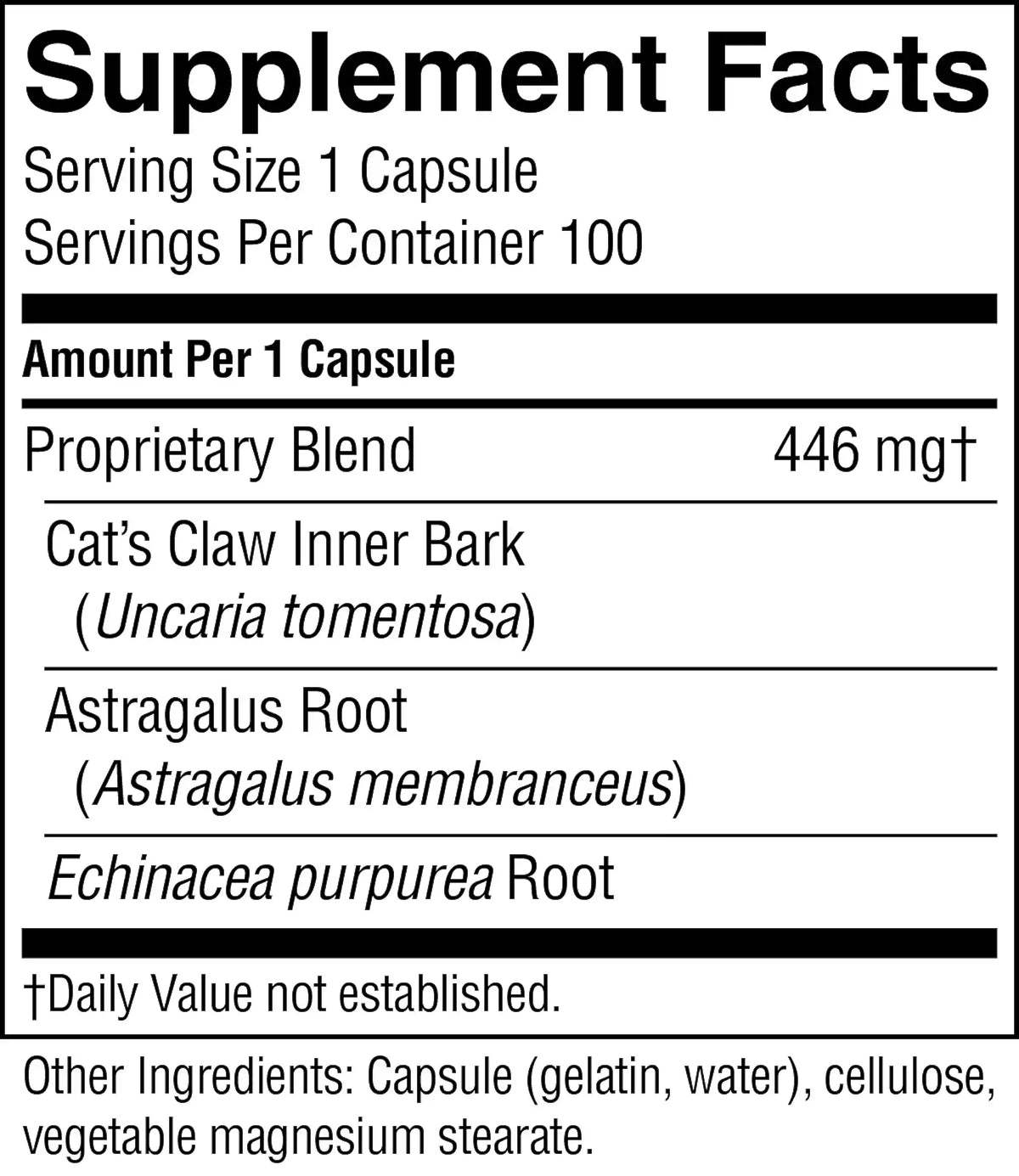 A black-and-white Supplement Facts label showing a proprietary blend of 446 mg, with listed ingredients including Cat's Claw Inner Bark, Astragalus Root, and Echinacea purpurea Root.
