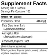 A black-and-white Supplement Facts label showing a proprietary blend of 446 mg, with listed ingredients including Cat's Claw Inner Bark, Astragalus Root, and Echinacea purpurea Root.