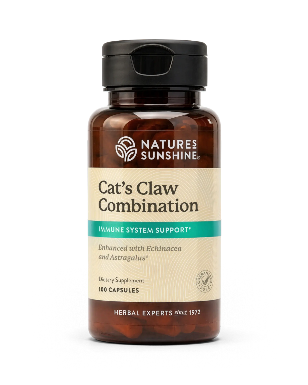 A bottle of Natures Sunshine Cat's Claw Combination dietary supplement, 100 capsules, on a clean white background.