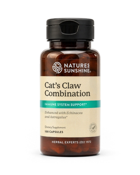 A bottle of Natures Sunshine Cat's Claw Combination dietary supplement, 100 capsules, on a clean white background.