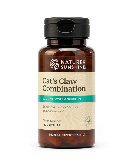 A bottle of Natures Sunshine Cat's Claw Combination dietary supplement, 100 capsules, on a clean white background.