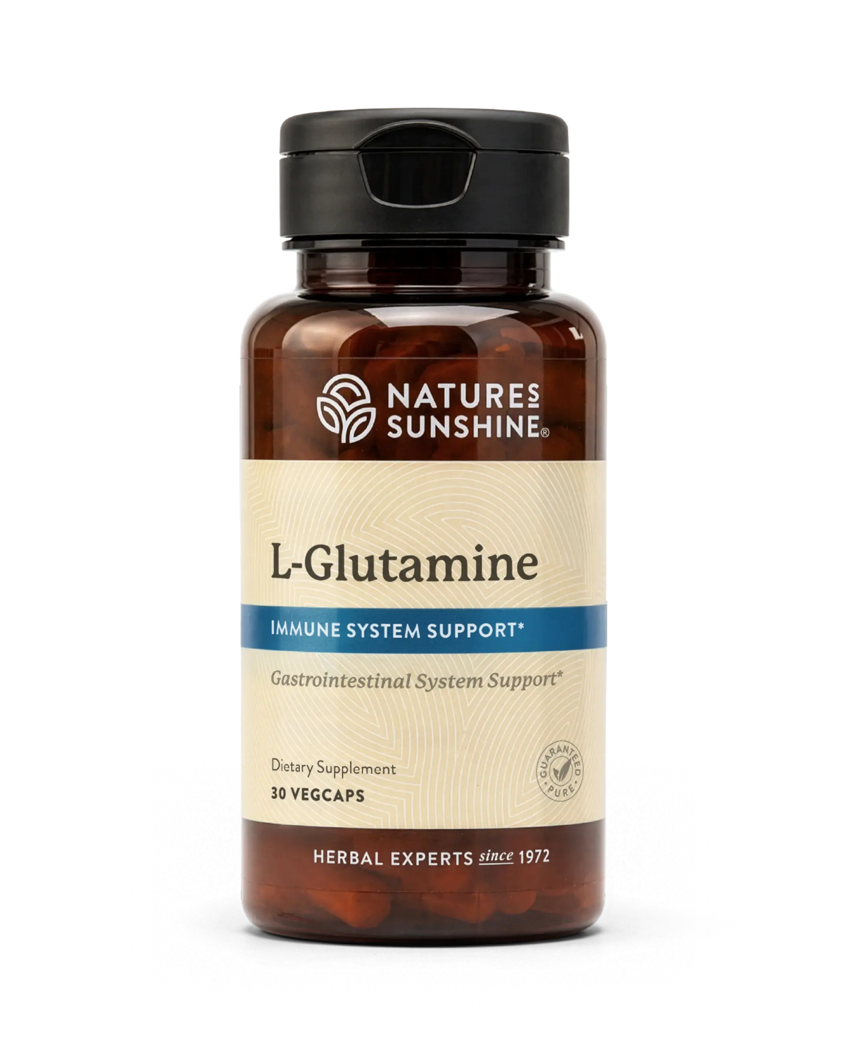 A bottle of Nature's Sunshine L-Glutamine dietary supplement, containing 30 vegcaps, shown on a clean white background.