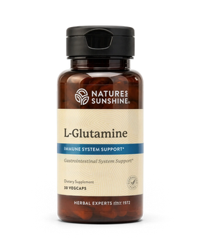 A bottle of Nature's Sunshine L-Glutamine dietary supplement, containing 30 vegcaps, shown on a clean white background.