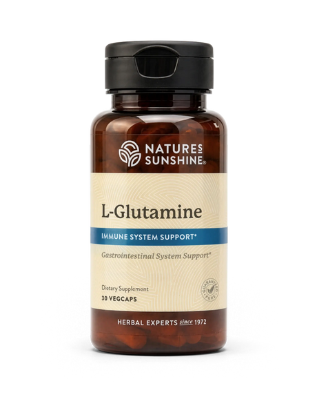 A bottle of Nature's Sunshine L-Glutamine dietary supplement, containing 30 vegcaps, shown on a clean white background.