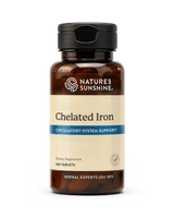 Nature's Sunshine Chelated Iron dietary supplement bottle with 100 tablets, featuring an amber brown bottle, beige label, and black cap on a white background.