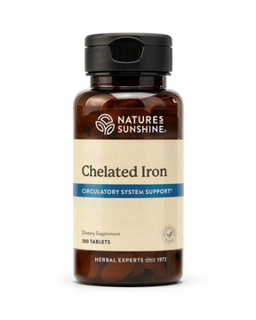 Nature's Sunshine Chelated Iron dietary supplement bottle with 100 tablets, featuring an amber brown bottle, beige label, and black cap on a white background.