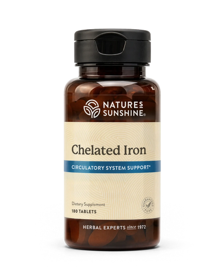 Nature's Sunshine Chelated Iron dietary supplement bottle with 100 tablets, featuring an amber brown bottle, beige label, and black cap on a white background.