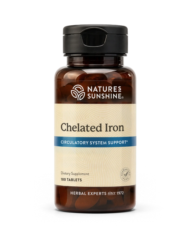 Nature's Sunshine Chelated Iron dietary supplement bottle with 100 tablets, featuring an amber brown bottle, beige label, and black cap on a white background.