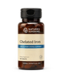 Nature's Sunshine Chelated Iron dietary supplement bottle with 100 tablets, featuring an amber brown bottle, beige label, and black cap on a white background.