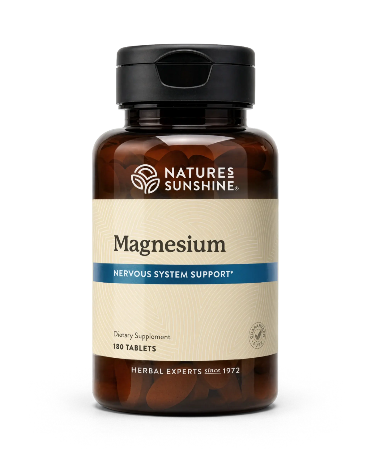 A bottle of Nature's Sunshine Magnesium dietary supplement with 180 tablets, featuring an amber brown bottle, black cap, and a beige label with a blue accent stripe.