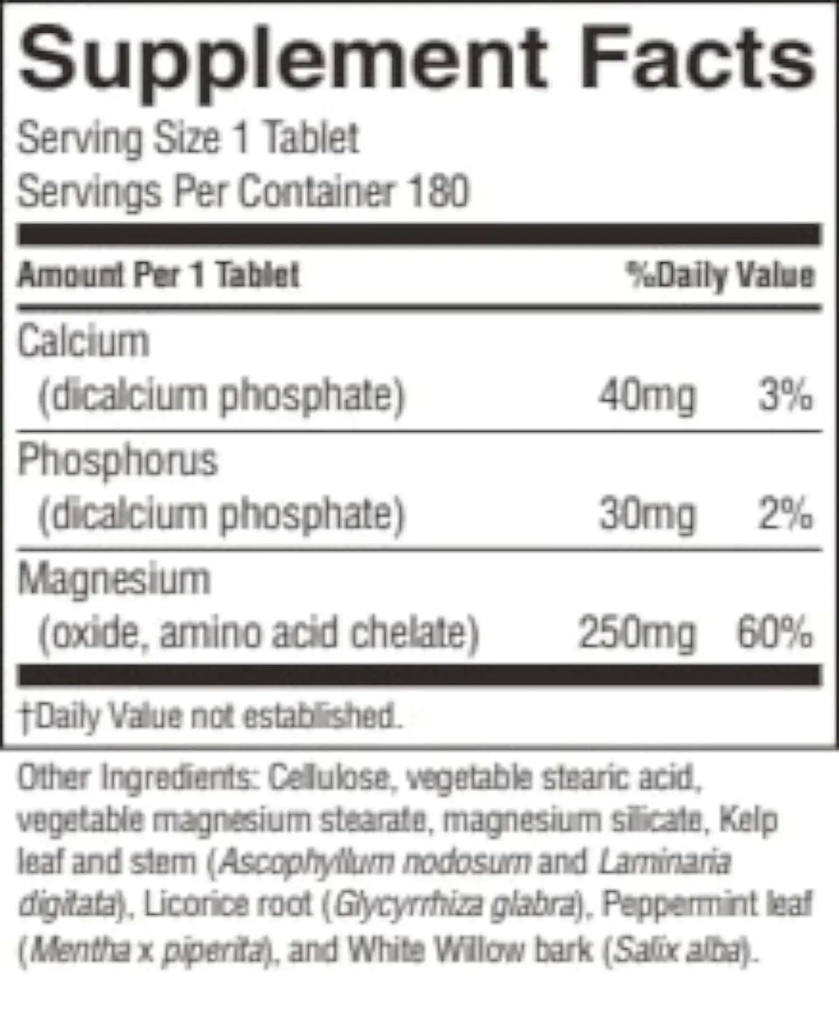 A close-up of a supplement facts label showing a serving size of 1 tablet, with calcium, phosphorus, and magnesium listed in mg amounts and % daily value. Other ingredients are printed in small text below.