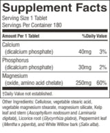 A close-up of a supplement facts label showing a serving size of 1 tablet, with calcium, phosphorus, and magnesium listed in mg amounts and % daily value. Other ingredients are printed in small text below.
