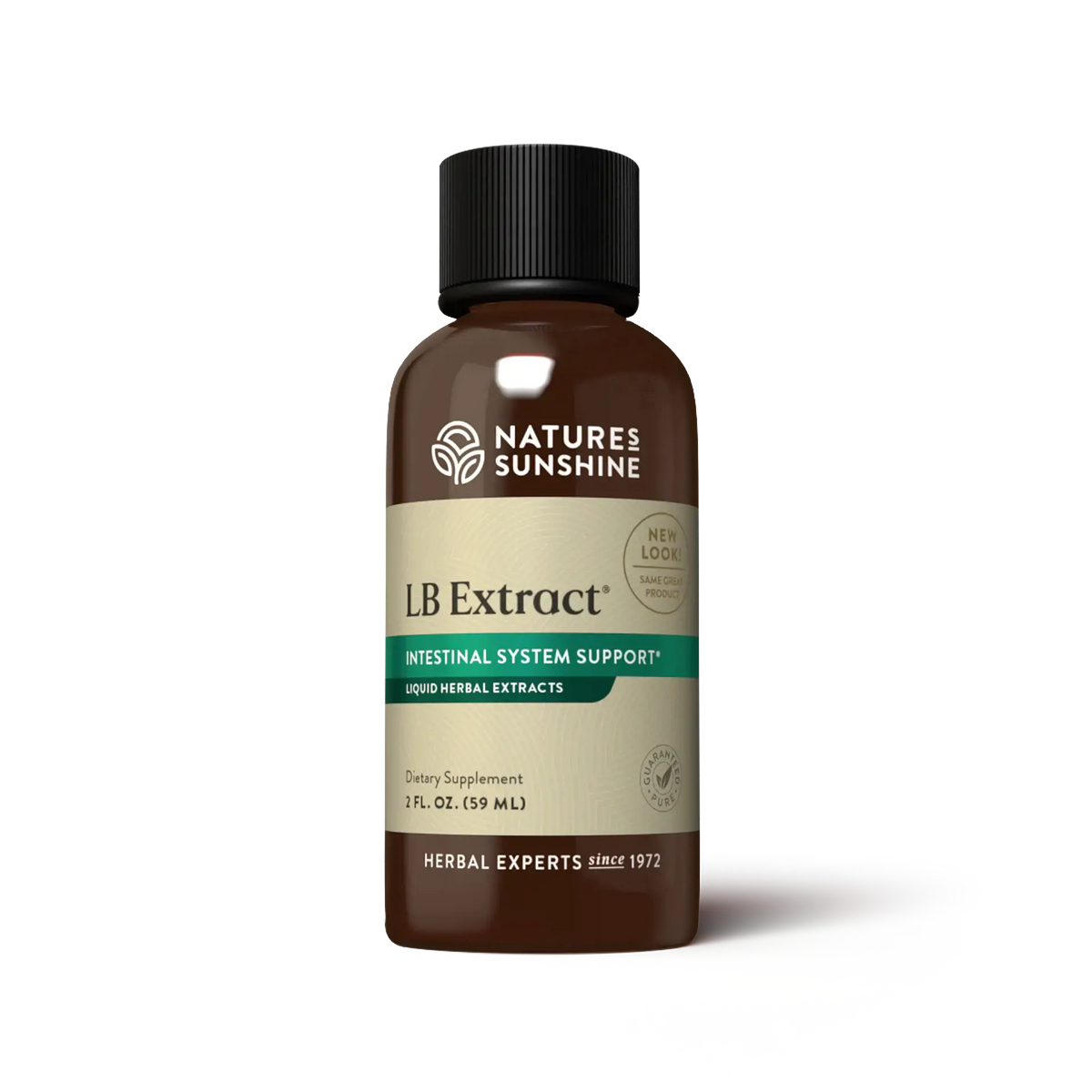 A 2 fl oz amber glass bottle of Nature's Sunshine LB Extract liquid herbal extract with a black cap and cream label, shown on a white background with a soft shadow.
