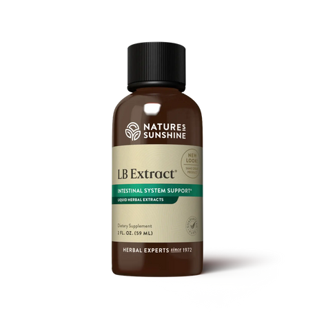 A 2 fl oz amber glass bottle of Nature's Sunshine LB Extract liquid herbal extract with a black cap and cream label, shown on a white background with a soft shadow.