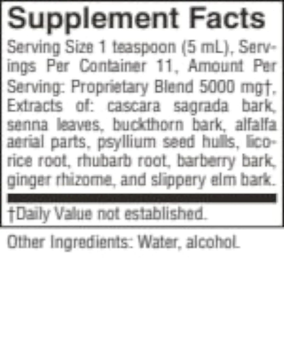 A close-up of a supplement facts label with text listing serving size, servings per container, amount per serving, and extracts of several natural ingredients including cascara sagrada bark, senna leaves, buckthorn bark, alfalfa aerial parts, licorice root, rhubarb root, barberry bark, ginger rhizome, and slippery elm bark.