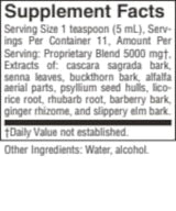 A close-up of a supplement facts label with text listing serving size, servings per container, amount per serving, and extracts of several natural ingredients including cascara sagrada bark, senna leaves, buckthorn bark, alfalfa aerial parts, licorice root, rhubarb root, barberry bark, ginger rhizome, and slippery elm bark.